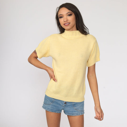 80s Yellow Mock Neck Knit Top Short Sleeve Cable Sweater Small