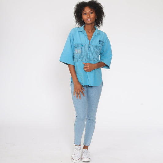 90s Tropical Palm Tree Button Up Shirt Blue Striped Distressed Medium Large