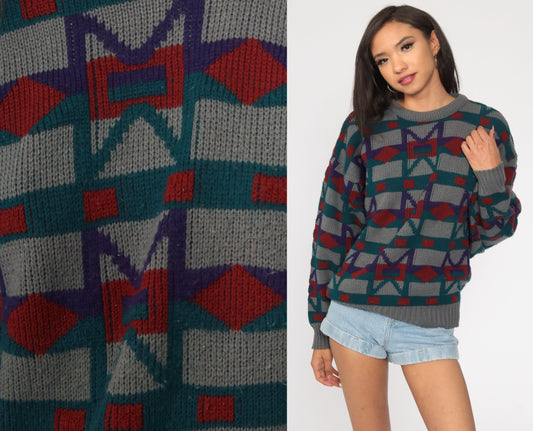 80s Geometric Print Knit Sweater Grey Pullover Large