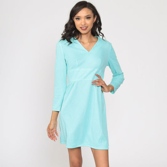 70s Blue Babydoll Mini Dress Deep V Neck Empire Waist Long Sleeve Small S