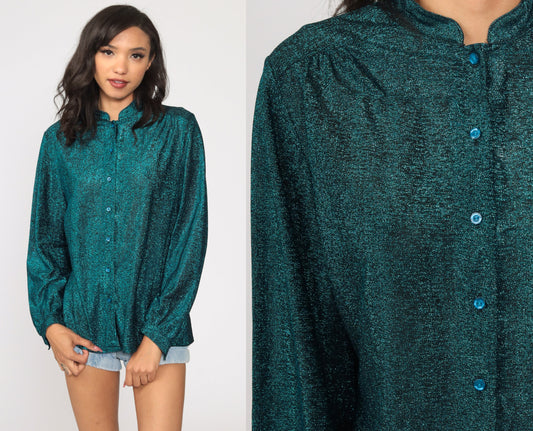 Metallic Blue Sheer Button-Up Blouse Long Sleeve 90s Medium