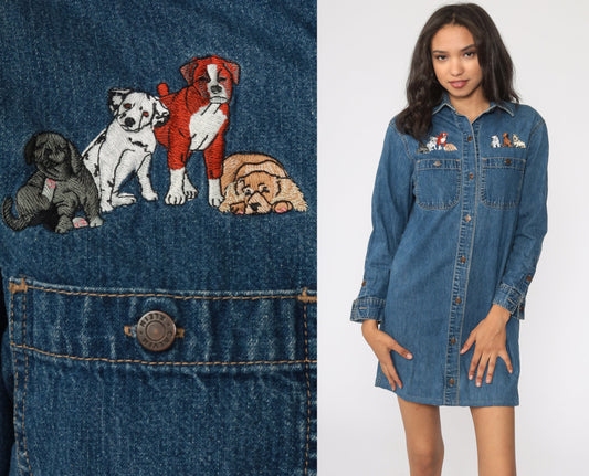 90s Calvin Klein Denim Mini Dress Embroidered Dogs Blue Button-Up Small