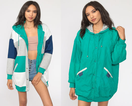 80s Reversible Hooded Windbreaker Nylon Green Grey Color Block Jacket