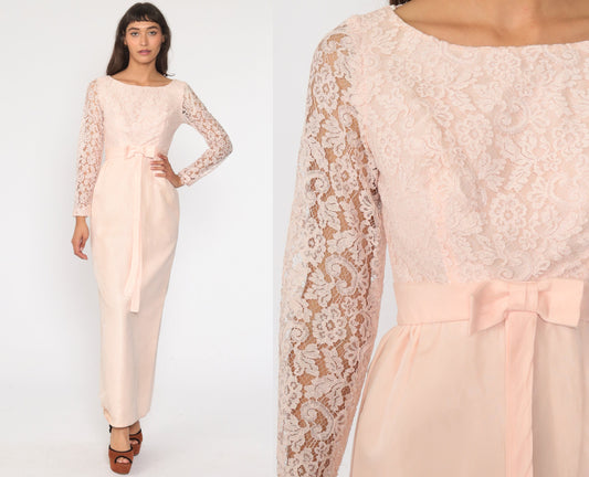 1950s Baby Pink Lace Cocktail Dress Bow Waist Pencil Skirt Extra Small