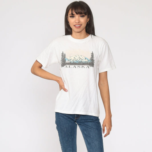90s Alaska Mountain Graphic T-Shirt White Cotton Tee Extra Small