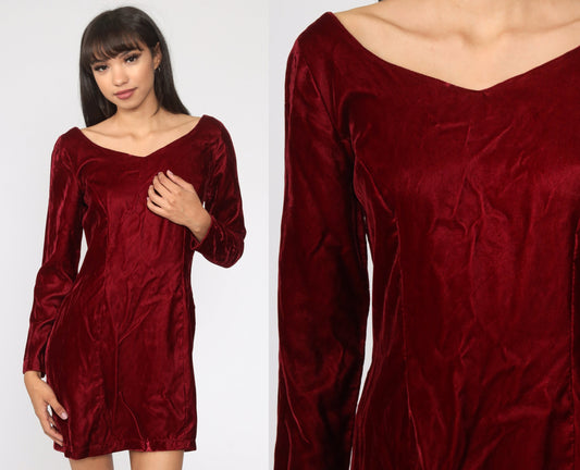 60s Red Velvet Mini Dress Long Sleeve Sheath Cocktail Small