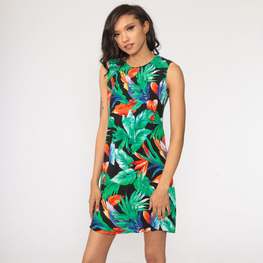 90s Tropical Floral Mini Shift Dress Sleeveless Flower Print Extra Small