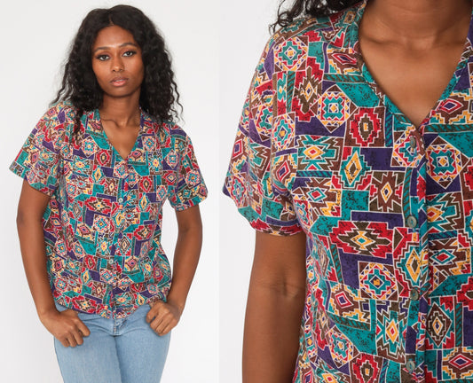 90s Geometric Tribal Print Cotton Button Up Shirt Medium