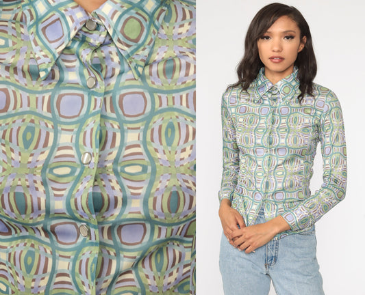 90s Geometric Print Button-Up Shirt Green Blue Long Sleeve Small
