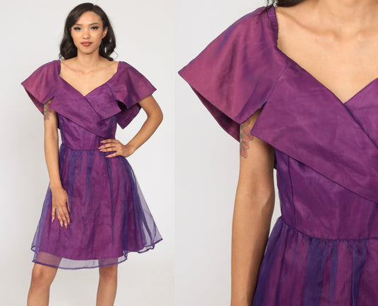 70s Purple Organza Wrap Dress High Waist Deep V Neck Mini Small