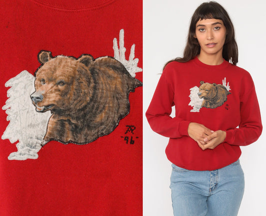 90s Bear Graphic Sweatshirt Red Crewneck Wildlife Print Small