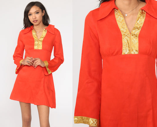 70s Red-Orange Babydoll Dress Gold Trim Bell Sleeve Empire Waist Mini Small