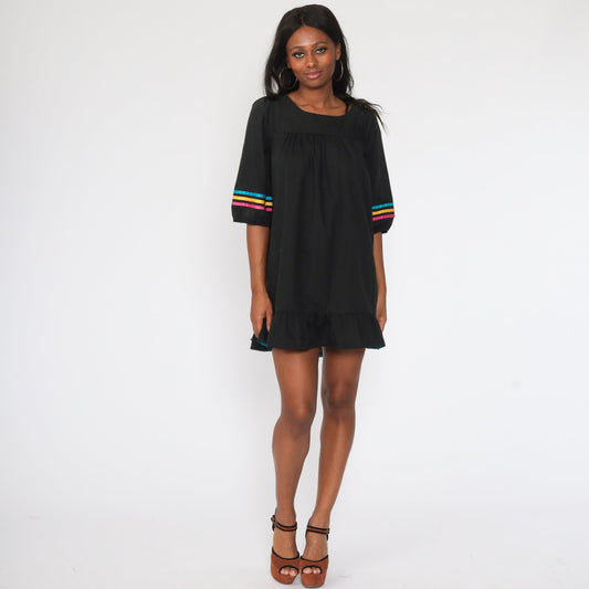 80s Black Puff Sleeve Mini Dress Tent Cut Ribbon Trim Medium