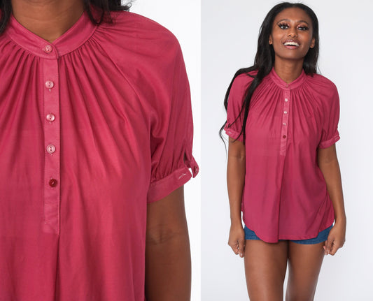 70s Deep Pink Button-Up Shirt Trapeze Cut Short Sleeve Medium