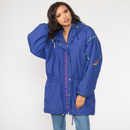 90s Purple Ski Jacket Southwestern Hooded Puffer Coat Large