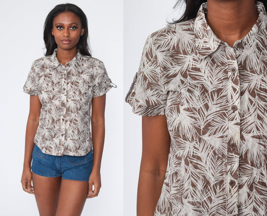 70s Feather Print Button-Up Shirt Short Sleeve Pointed Collar Brown Small