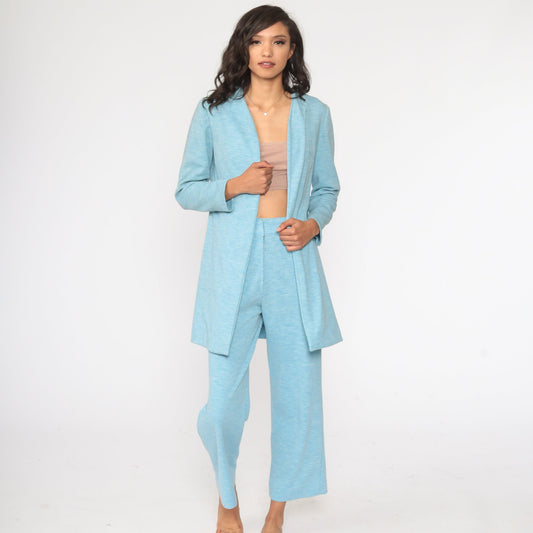70s Baby Blue Bell Bottom Two Piece Set Jacket + Pants Medium