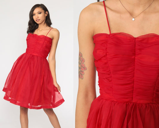 1950s Red Chiffon Party Dress Spaghetti Strap Tea Length Extra Small