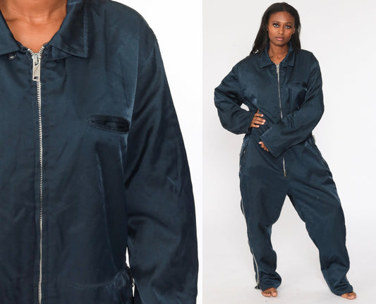 80s Navy Coveralls Workwear Jumpsuit Long Sleeve Quilted Lining Extra Large XL
