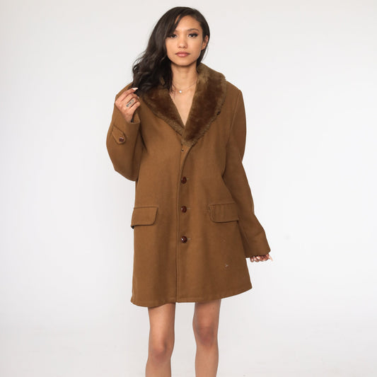 80s Brown Wool Jacket Faux Fur Collar Winter Coat Extra Large XXL