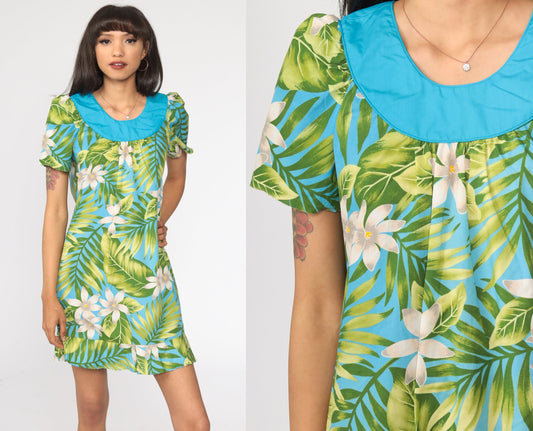 80s Floral Mini Dress Puff Sleeve Tent Cut Green Blue Extra Small