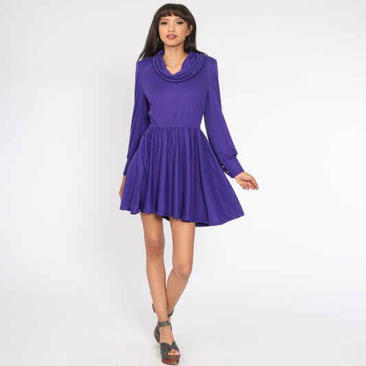 80s Purple Cowl Neck Mini Dress Long Sleeve High Waisted Medium Large