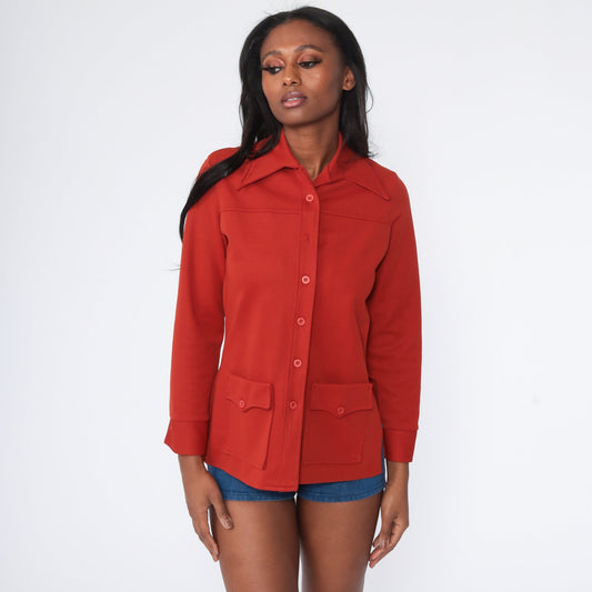 70s Rust Button-Up Shirt Long Sleeve Dagger Collar Blouse Small S