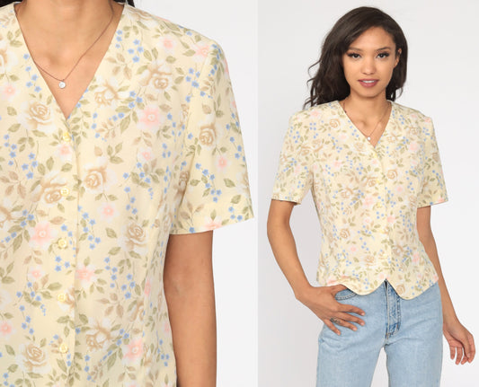 90s Yellow Floral Button-Up Shirt Short Sleeve Blouse Medium