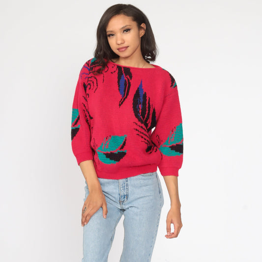 80s Pink Leaf Knit Sweater 3/4 Sleeve Pullover Small S