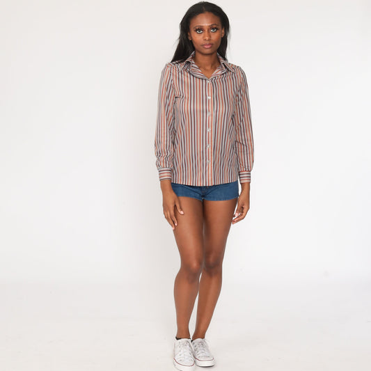 70s Striped Grey Button-Up Shirt Long Sleeve Disco Blouse Small