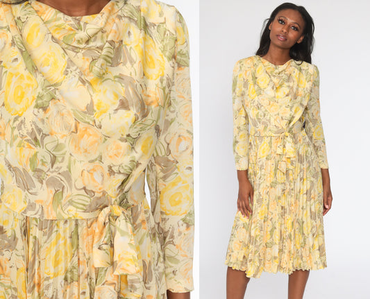 00s Yellow Floral Midi Dress Cowl Neck Pleated Long Sleeve Small S
