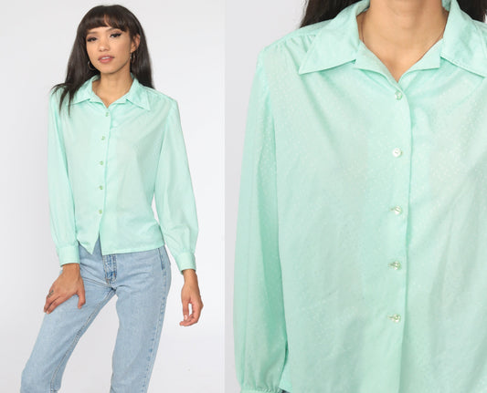 70s Mint Green Polka Dot Button-Up Blouse Long Sleeve Collar Medium