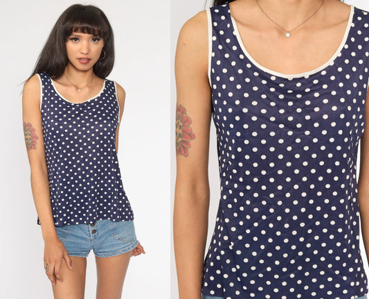 70s Dark Blue Polka Dot Tank Top Sleeveless Shirt Medium