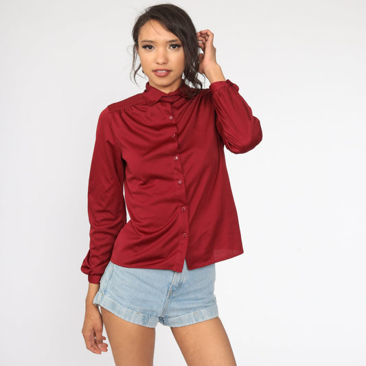 70s Burgundy Button-Up Shirt Long Sleeve Collared Blouse Small