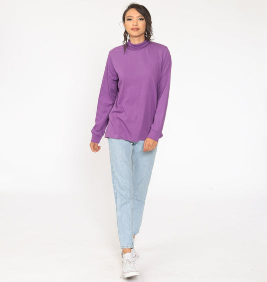 80s Purple Turtleneck Long Sleeve Shirt Cotton Blend Large