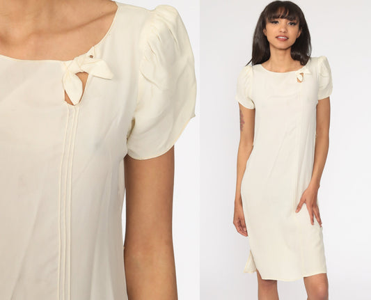 70s Cream Mini Shift Dress Puff Sleeve Cutout Bow Extra Small XS