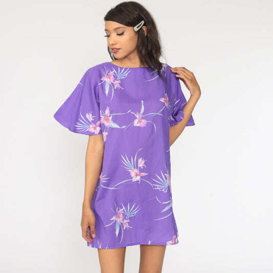 80s Floral Shift Dress Purple Tropical Flutter Sleeve Midi Medium Large