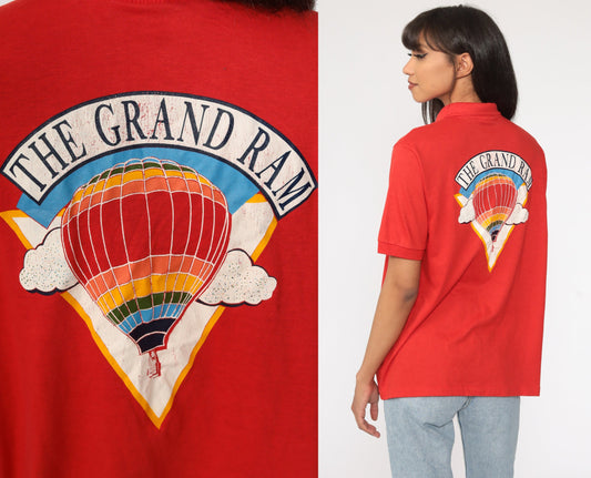 80s The Grand Ram Hot Air Balloon Polo Shirt Red Graphic Button-Up Medium