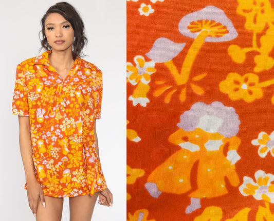 70s Mushroom Print Tunic Blouse Burnt Orange Short Sleeve Medium