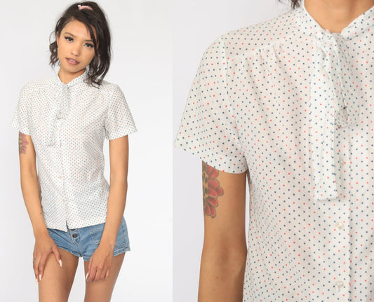 70s Ascot Blouse White Polka Dot Button Up Cap Sleeve Small S