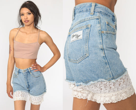80s Lace Trim Denim Cutoff Shorts High Waist Blue Jean Shorts Extra Small