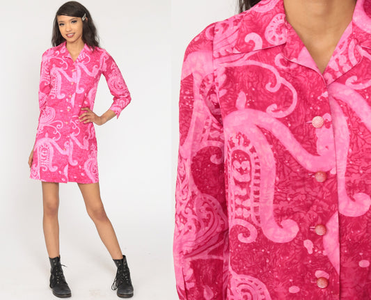 70s Pink Psychedelic Mini Shift Dress Button-Up Long Sleeve Extra Small