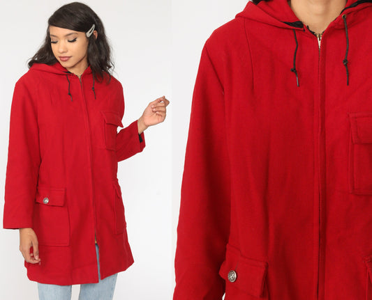 80s Red Wool Hooded Coat Zip Jacket Faux Fur Lining Extra Large XL