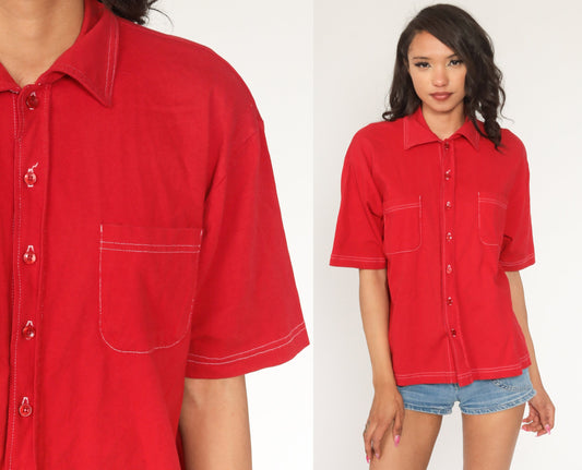 70s Red Cotton Button-Up Shirt Pointed Collar Short Sleeve Medium