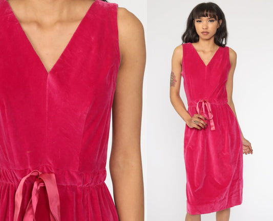 60s Pink Velvet Midi Dress Sheath V-Neck Small