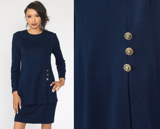 80s Navy Blue Sheath Dress Long Sleeve Wiggle Pencil Mini Small