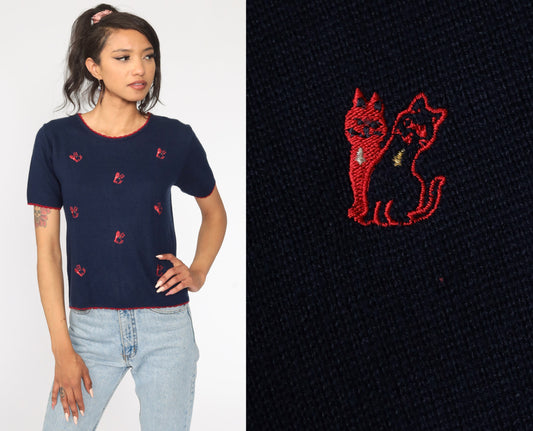 80s Navy Embroidered Cat Knit Top Short Sleeve Medium