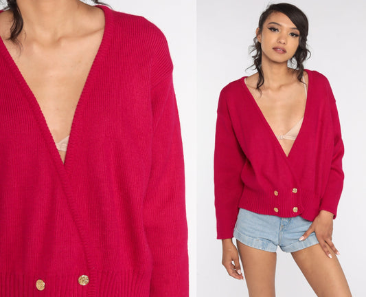 90s Deep Pink Cardigan Sweater Double Breasted Button Up Medium
