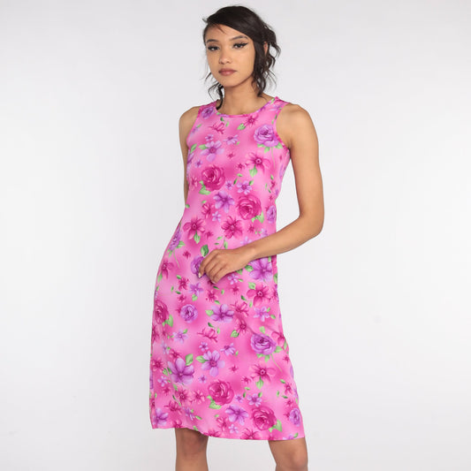 90s Floral Midi Sundress Pink Sleeveless Shift Dress Extra Small XS