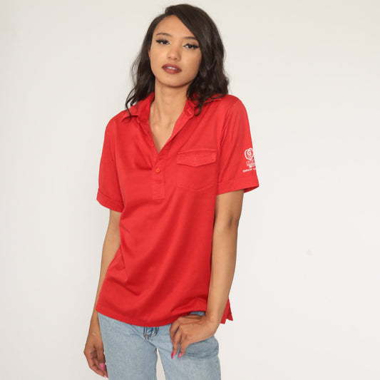 70s Swingin Lions Red Polo Shirt Half-Button Collared Short Sleeve Small Medium